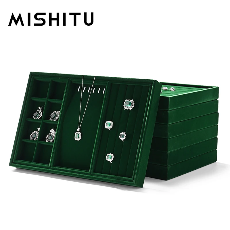 

MISHITU Green Premium Jewelry Display Tray Velvet for Ring Earring Necklace Jewelry Display Storage Tray Store Counter Organizer