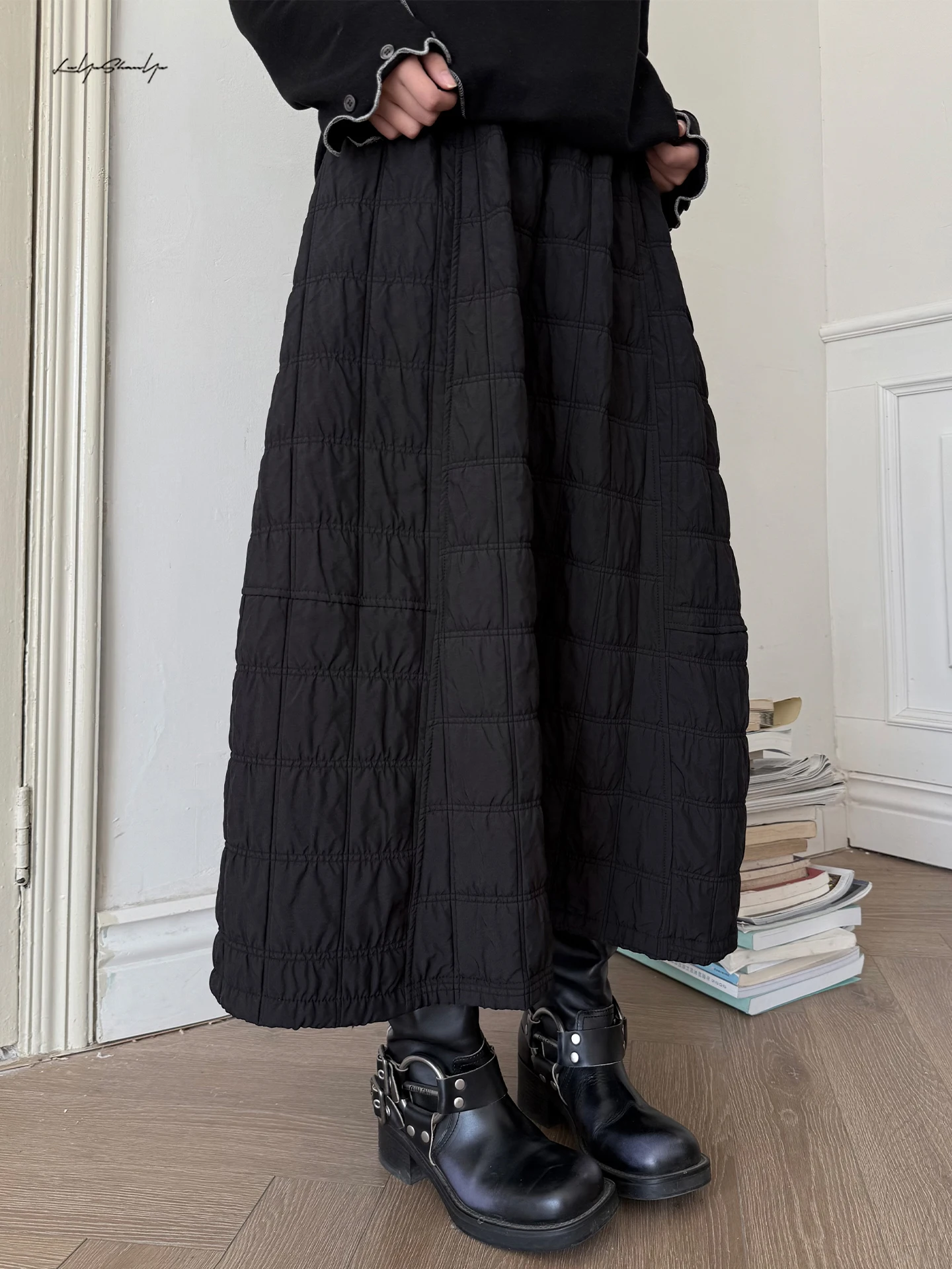 Land And Mountain Island【Cloud Fuzz】Dark Series Double Quilted Cotton A-Line High Waist Slimming Half Skirt Casual Cotton