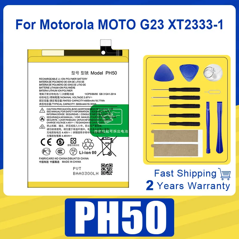 

100% Original Genuine 5000mAh PH50 Replacement Battery For Motorola MOTO G23 XT2333-1 PH 50 Batteries Batteria+FREE Kit Tools