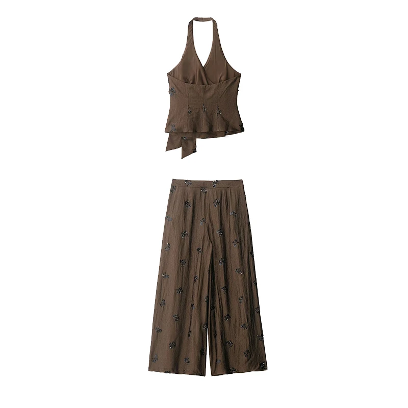 Willshela Women Fashion 2 Piece Set With Sequined Brown Bow Lace up Tank Tops & Vintage Wide Leg Pants Female Chic Pants Suit