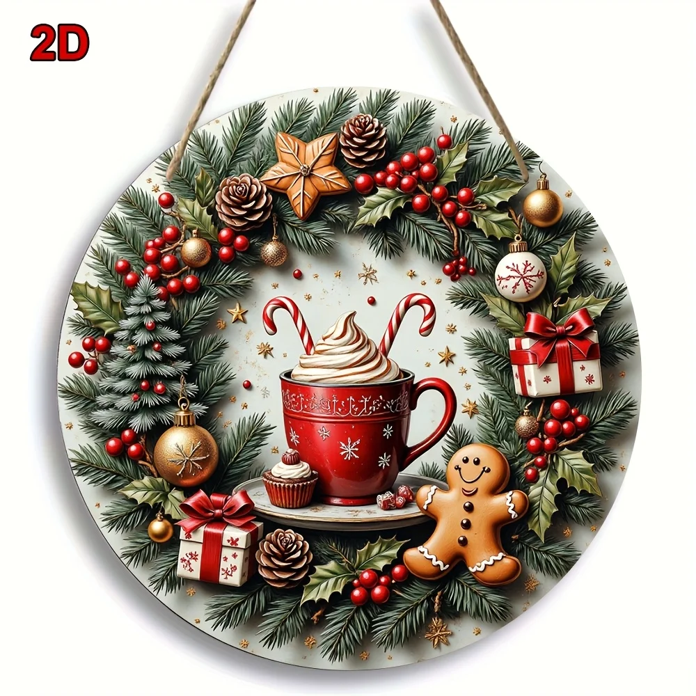 Retro Christmas Wreath Decor Board 2D Plane Print Round Wooden Pendant Gingerbread Man Hot Cocoa Cup And Festive Home Decor Home