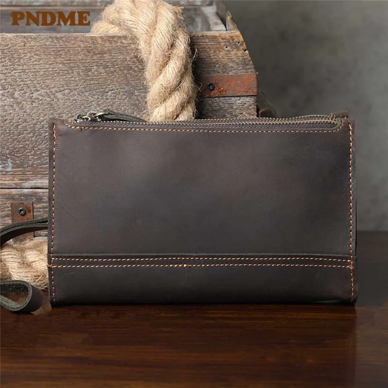 Vintage crazy horse cowhide men\'s multi-function clutch bag casual luxury organizer genuine leather small shoulder crossbody bag