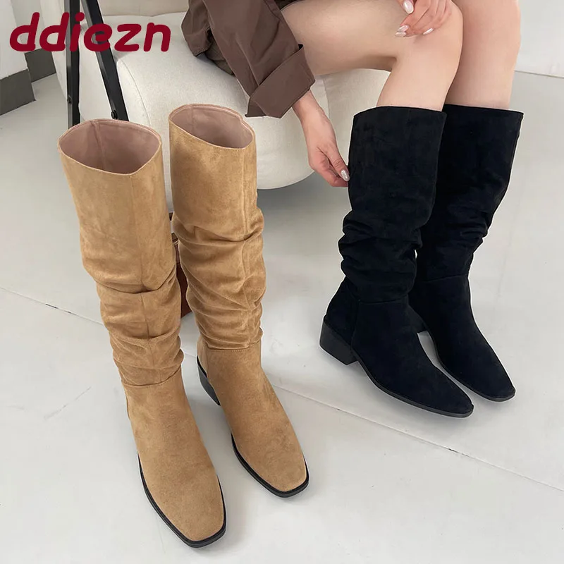 

Модные женские сапоги до колена из флока с квадратным каблуком, женские современные длинные сапоги без шнуровки, большой размер 43