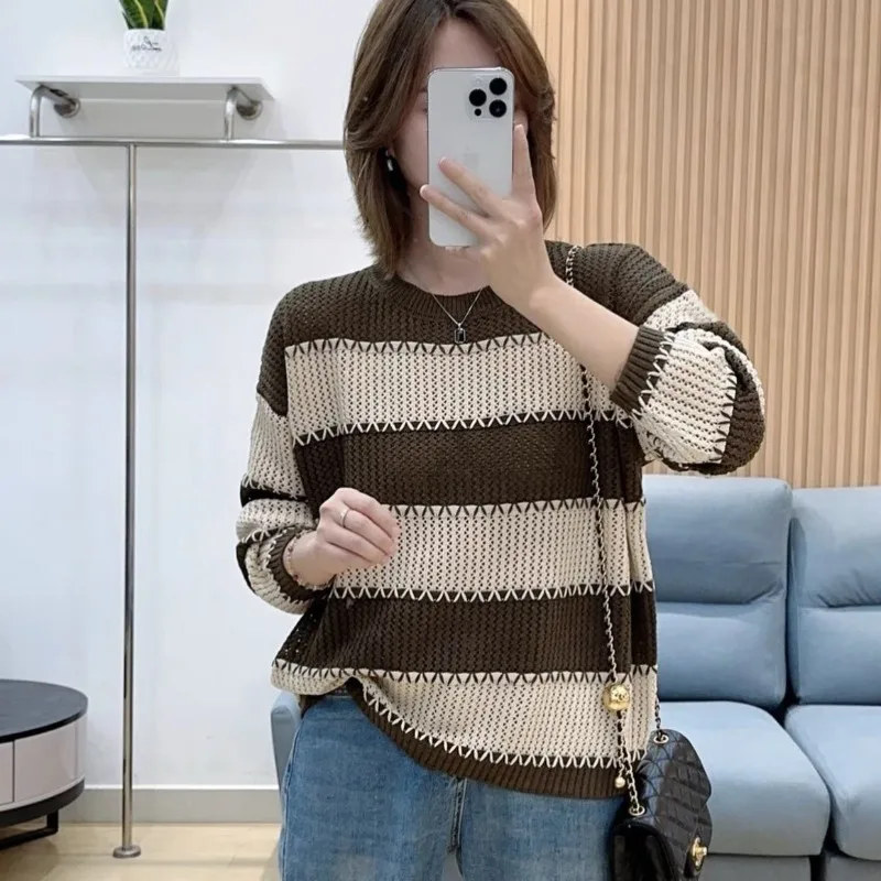 Autumn and Winter Women's Stripe Contrast Round Neck Long Sleeve Loose Sweaters Jumpers Plus Size Classic Fashion Casual Tops