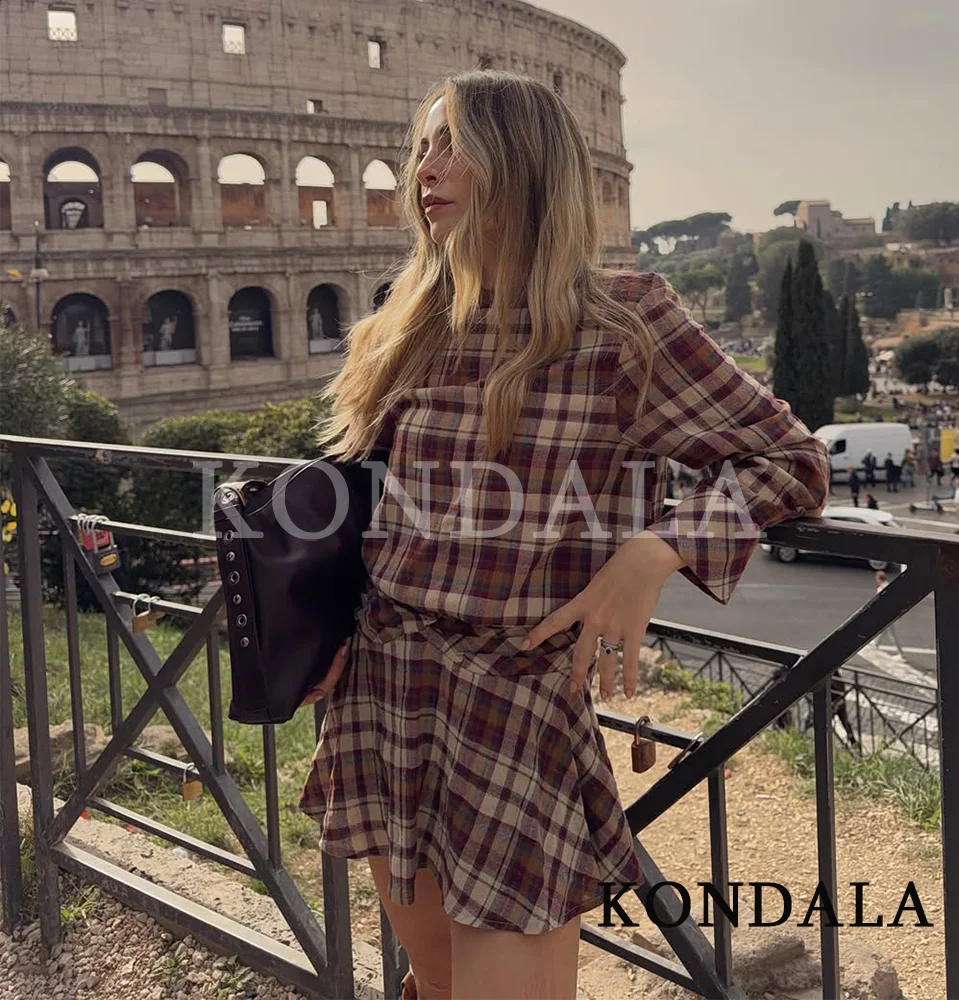 KONDALA Casual Süße Plaid Kurzes Kleid Oansatz Langarm Plissee Kleid 2025, Frühling Herbst Mode Streetwear Nette Frauen Kleid