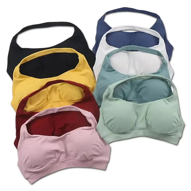 Sujetador deportivo con logotipo para mujer, sin costuras, con cuello Halter, correa acolchada, espalda abierta, sujetador de Yoga, ropa deportiva de soporte medio, Tops cortos para gimnasio