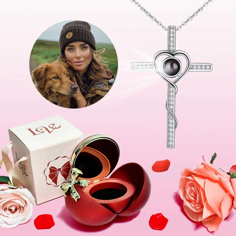 

Crucifix Photo Custom Fashion beautiful pendant necklace for women with bow rose sphere gift box 2025 Christmas birthday gift