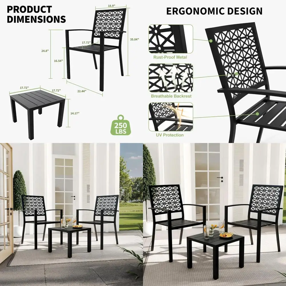 

3-Piece Metal Patio Furniture Set: Outdoor Chairs and Coffee Table for Garden, Balcony, Porch