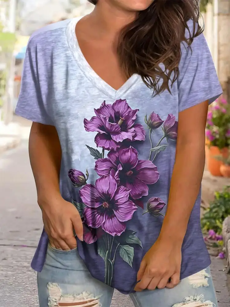 

Women's T-Shirts Summer Gradient Graphics Tops V Neck Fashion Female Vintage Clothing Floral Print Tees Loose Oversized T Shirts