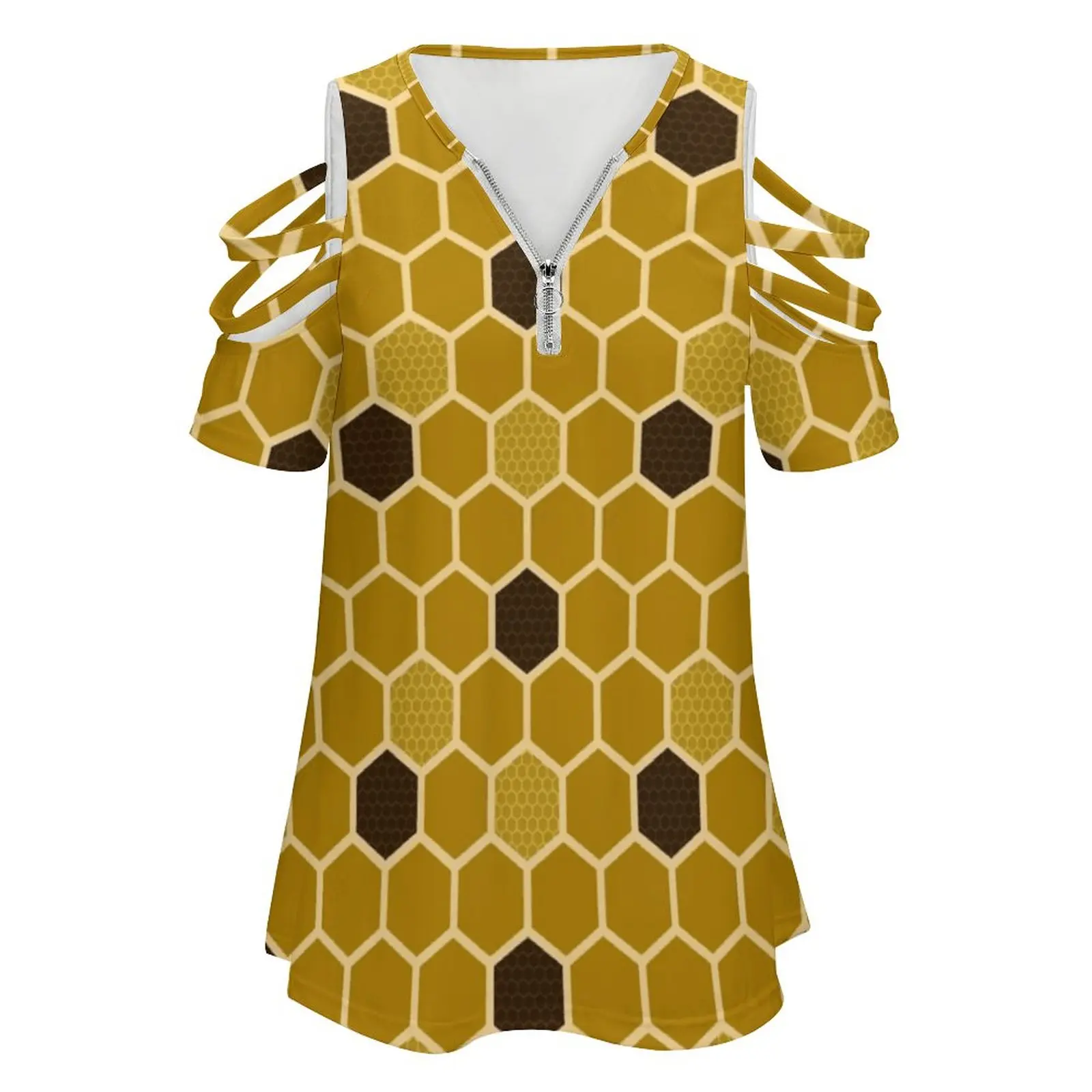 Honeycomb New Fashion Zip Off Shoulder Top Short-Sleeve Women Shirt Honeycomb Bees Nature Bugs Honey Vintage Repeat