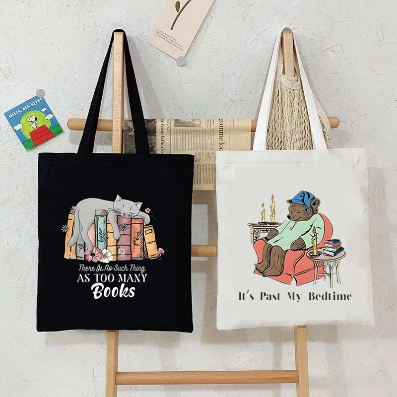 

Cat And Books Woman's Handbag "AS TOO MANY Books" Floral Books Travel Beach Tote Bag Cartoon Vintage Kitten Student Shoulder Bag