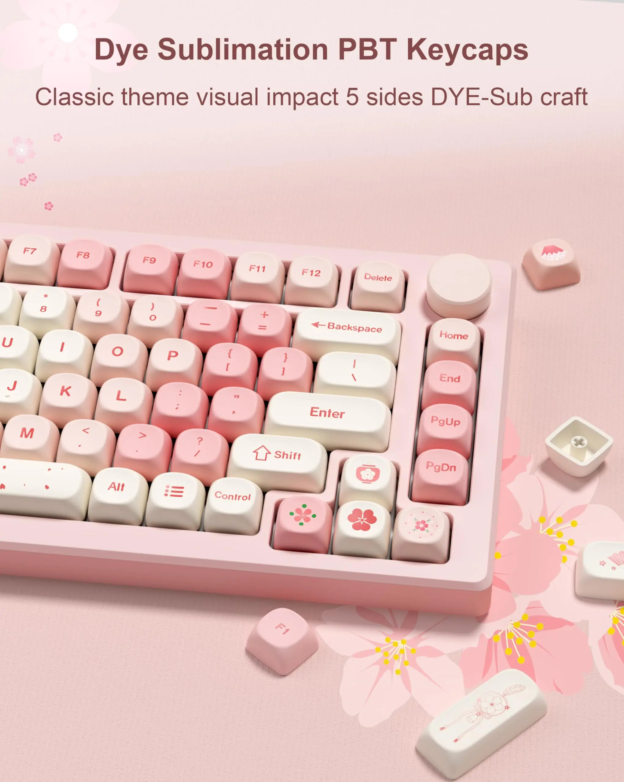 Rosa Kirschblüten-PBT-Tastenkappen, MOA-Profil, Farbsublimations-Tastenkappe, individuelles 133-Tasten-Set für mechanische MX-Switches-Tastatur