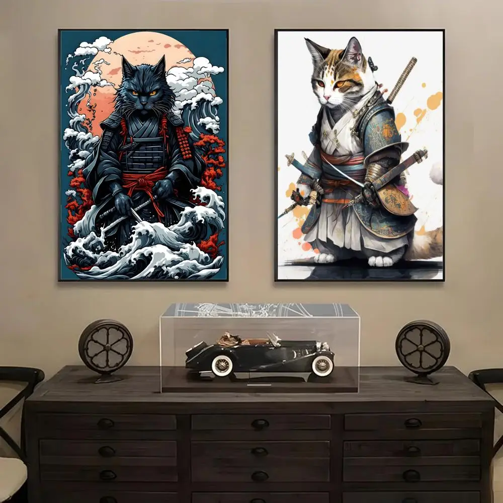 Cool Samurai Cat Funny Poster Removable Wall Sticker Mural for Living Room – Art Poster Home Decoration Decal