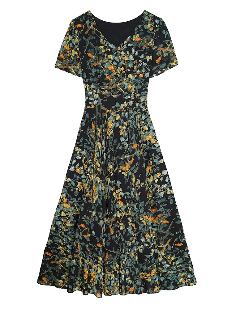 Robe maxi en mousseline de soie imprimée vintage pour femmes, robe bohème décontractée, mode de luxe, robe de soirée de piste, batterie élégante, Rhde nuit, été 2024