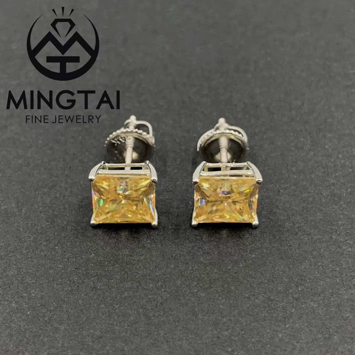 14k Princess Cut Yellow Moissanite Wedding Earrings Screw Back White Gold Stud Earrings