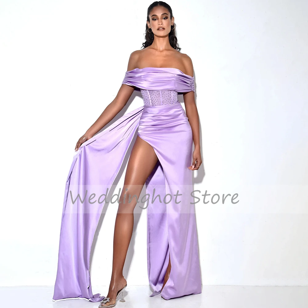 Lavender Evening Dresses Sexy Off the Shoulder High Slit Mermaid Evening Gowns for Women 2023 Satin Draped Crystal Prom Dresses