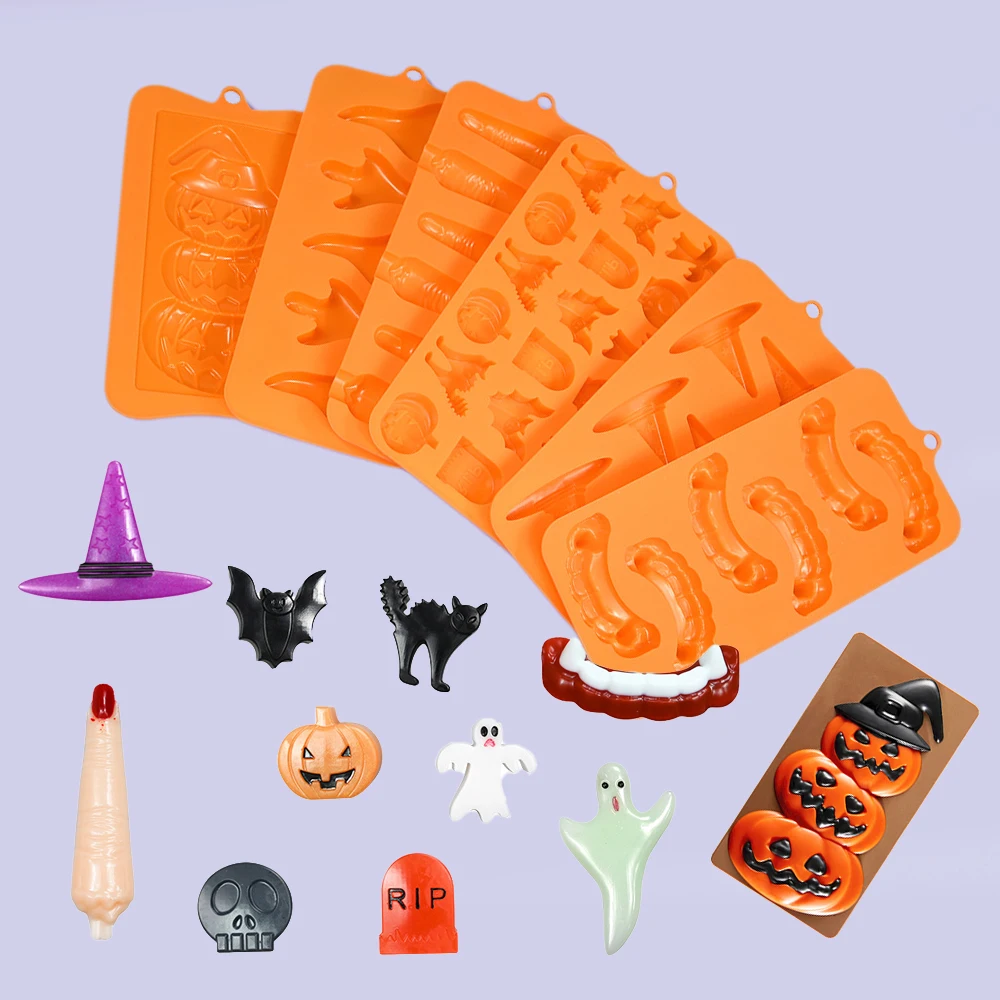 Molde de Halloween, calabaza, calavera, fantasma, araña, bruja, murciélago, diseño de lápida, elementos de Halloween, molde de pastel, molde de silicona para Chocolate