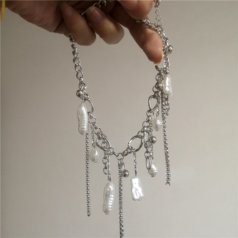 Unregelmäßiger Perlenanhänger, silberfarbene Quastenkette, dicke, klobige Halskette für Frauen, personalisierter Halsschmuck, Accessoires – Detail 5