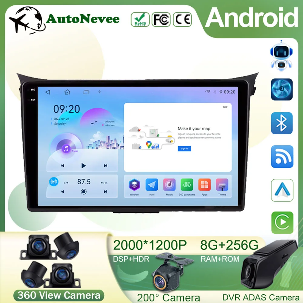 أندرويد 15 راديو لشركة هيونداي I30 إلنترا GT 2011 - 2015 2016 السيارات ستيريو مشغل وسائط متعددة لتحديد المواقع والملاحة Carplay 2DIN DVD 5G