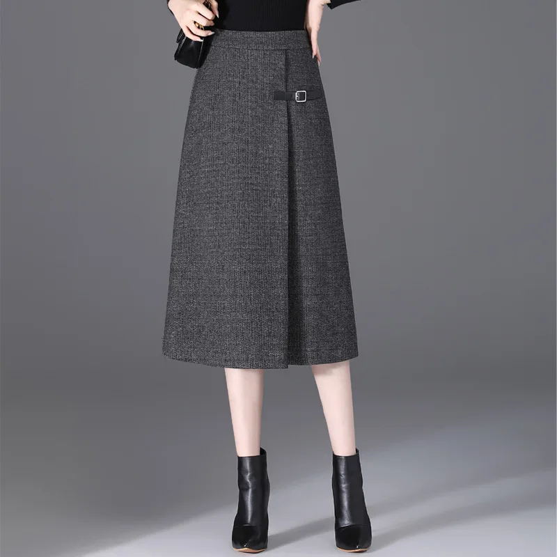 

#1655 Gray Split Joint Woolen Skirt Women Slim Korean Fashion High Waisted Irregular A-line Skirt Female Warm Office Skirt Femme