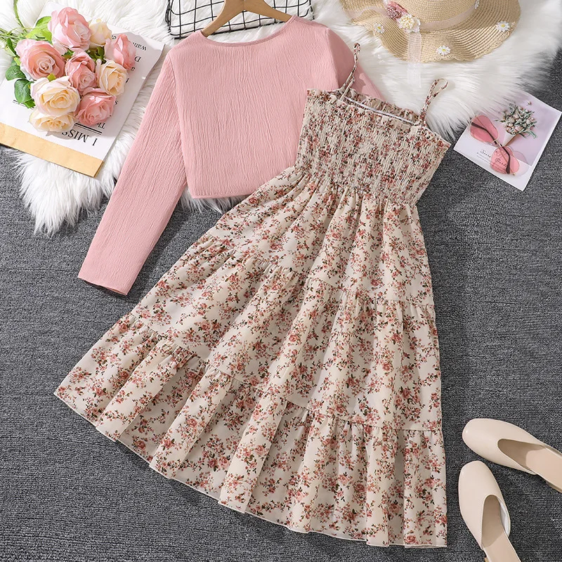 2 Pcs Kids Casual Dress Sets for Girls Clothes Autumn Winter 2024 New Child Long Sleeve Coat Tops Floral Print Cami Dress 7-14Y