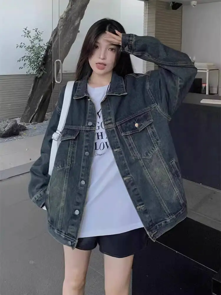 

Women Denim Jacket 2025 New Pocket Stand Collar Workwear Single Breasted Button Streetwear Outwear Coat