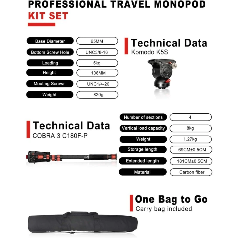 Monopod Cobra 3 C180F-P with K5S Fluid Head  Olympus Panasonic DSLR Camera, Carbon Fiber Monopod with Feet, Payload 17.64Lbs/8KG