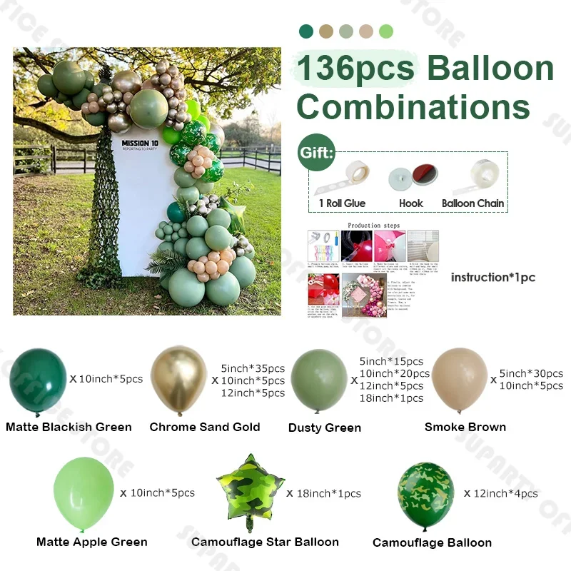 136/139/140pcs Military Themed Party Decorations Green And Brown Latex Balloon Combination Arch Set For Children's Outdoor Party