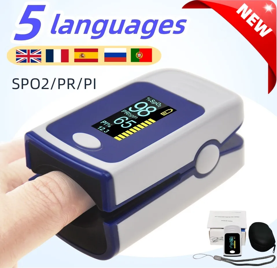 

5 languages Finger Pulse Oximeter Blood Oxygen Saturation SpO2 PI Oximetro De Dedo Pulsioximetro Oxymeter Heart Rate Monitor