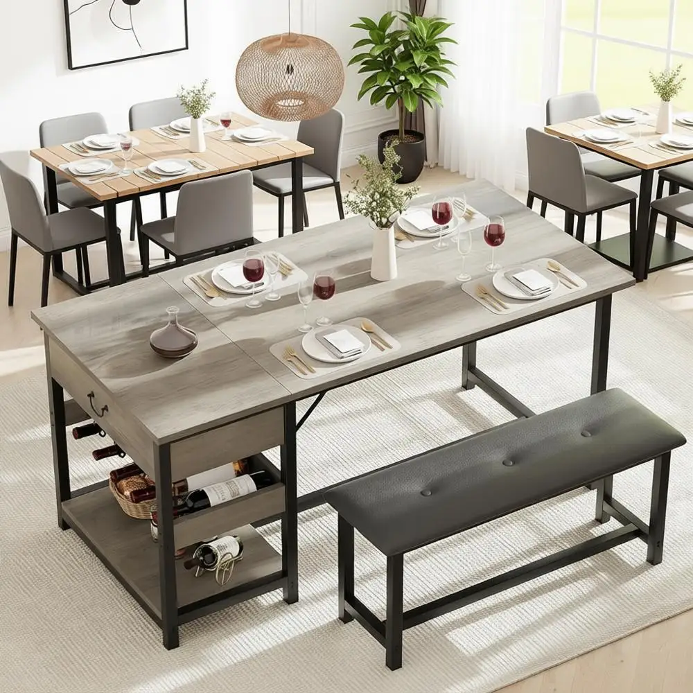 Juego de Mesa de Comedor con Bancos Acolchados, Cajones de Almacenamiento y Botellero para Espacios Pequeños - Gris