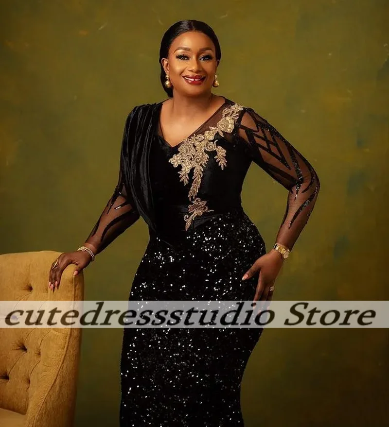 Generous Black Evening Dress For Women Mermaid Sequined Illusion Sleeves Formal Party Prom Dresses Vestidos De Fiesta Customized