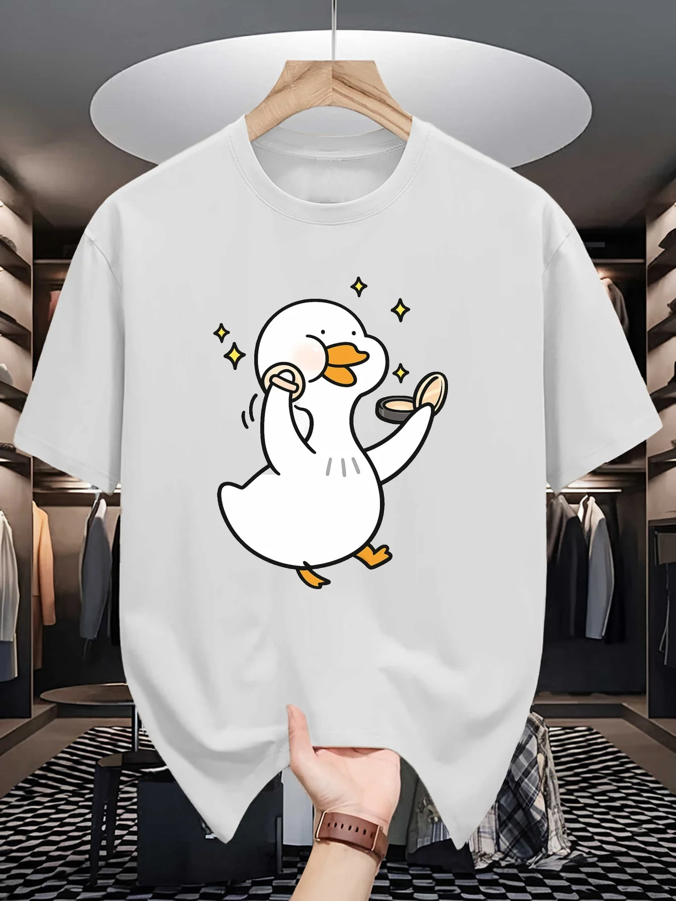 Mens Crew Neck T Shirt Playful Duck Makeup Powder Puff Sparkle Stars Graphic Short Sleeve Casual Cotton Fun Street Tees