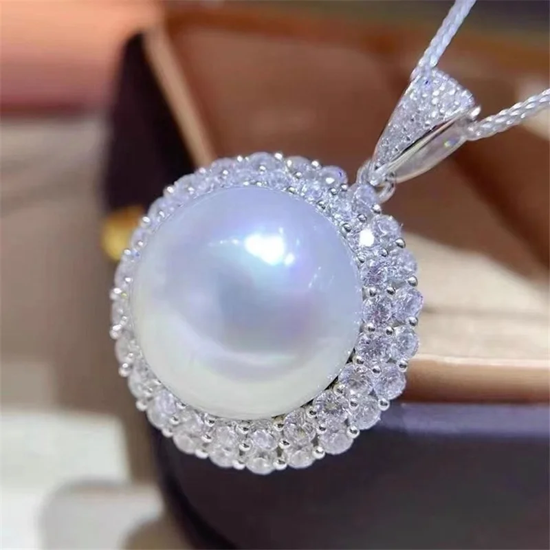 مصمم ضخم AAAA + 13-14 مللي متر أكويا الطبيعية اللؤلؤ الأبيض قلادة قلادة 18 "925 الفضة
