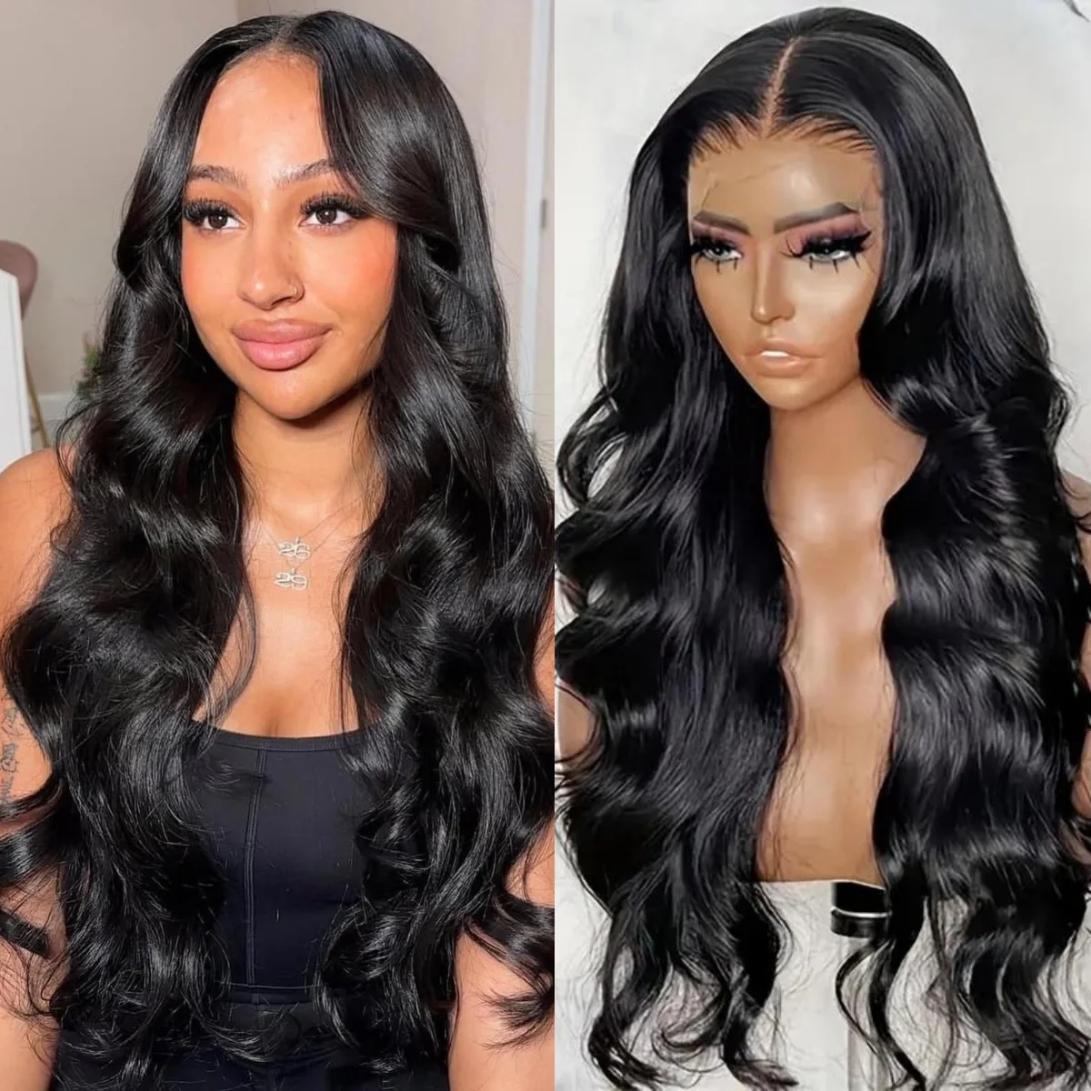 

36 Inch Body Wave Lace Front Human Hair Wigs Transparent 220Density 13×4 Natural Color Pre Plcked Lace Frontal Wig For Women 1B