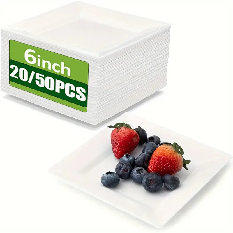 Platos de papel cuadrados desechables blancos, platos de papel ecológicos para comida, barbacoa, ensalada, pan, postre, vajilla de fiesta, 20/50 Uds.
