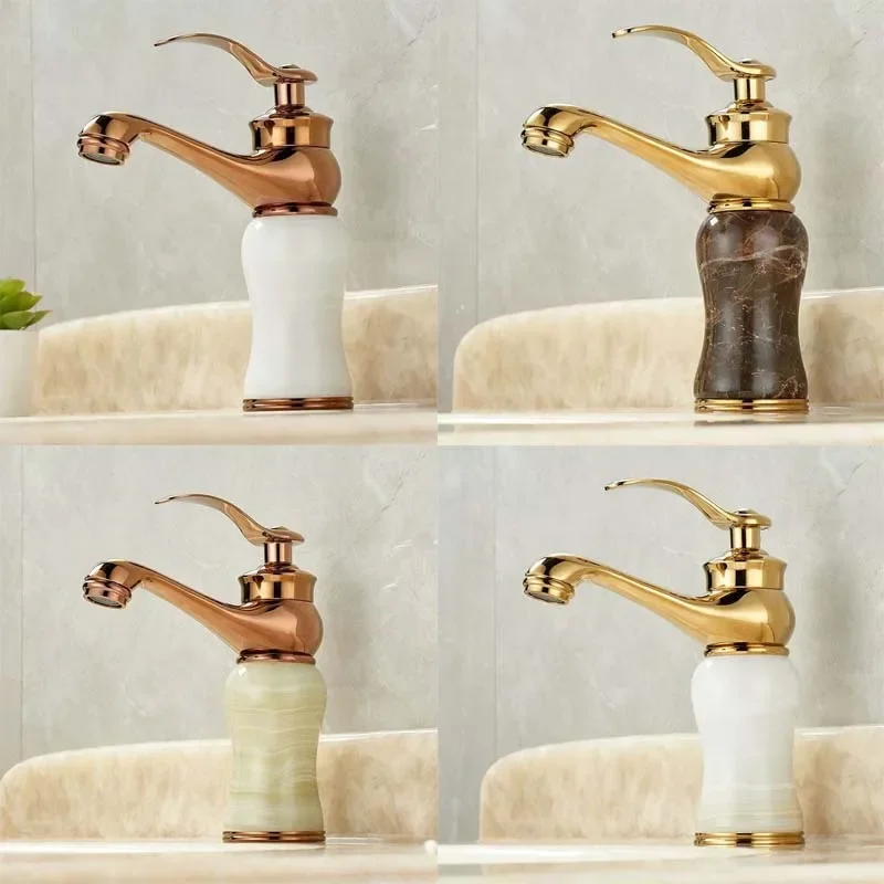 Rose Gold Luxury Bathroom Basin Faucet Single Handle Vanity Sink Mixer water Taps Brass Natural Jade Basin Sink Faucet Chrome