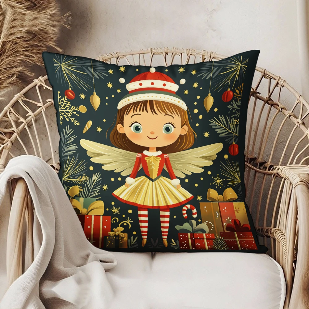 Square Throw Pillow Case Dark Blue Christmas Angel Girl With Gifts And Ornaments Print For Living Room Sofa Bedroom Home Decor