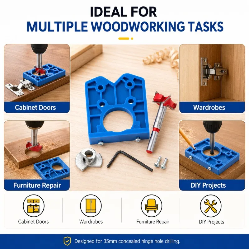 35mm Cabinet Hinge Installation Tool Door Hole Locator Jig Set with Boring Bit Stop Collar for Furniture Repair DIY Hardware