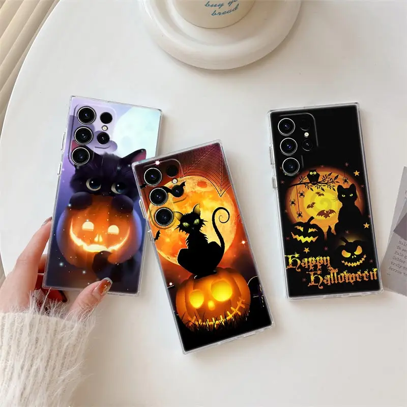 

Happy Halloween Pumpkin Cat Bat S25FE Case For Samsung Galaxy S25 S24 S23 Ultra S20 S21 FE S22 Plus A56 A36 A17 A07 Phone Cover