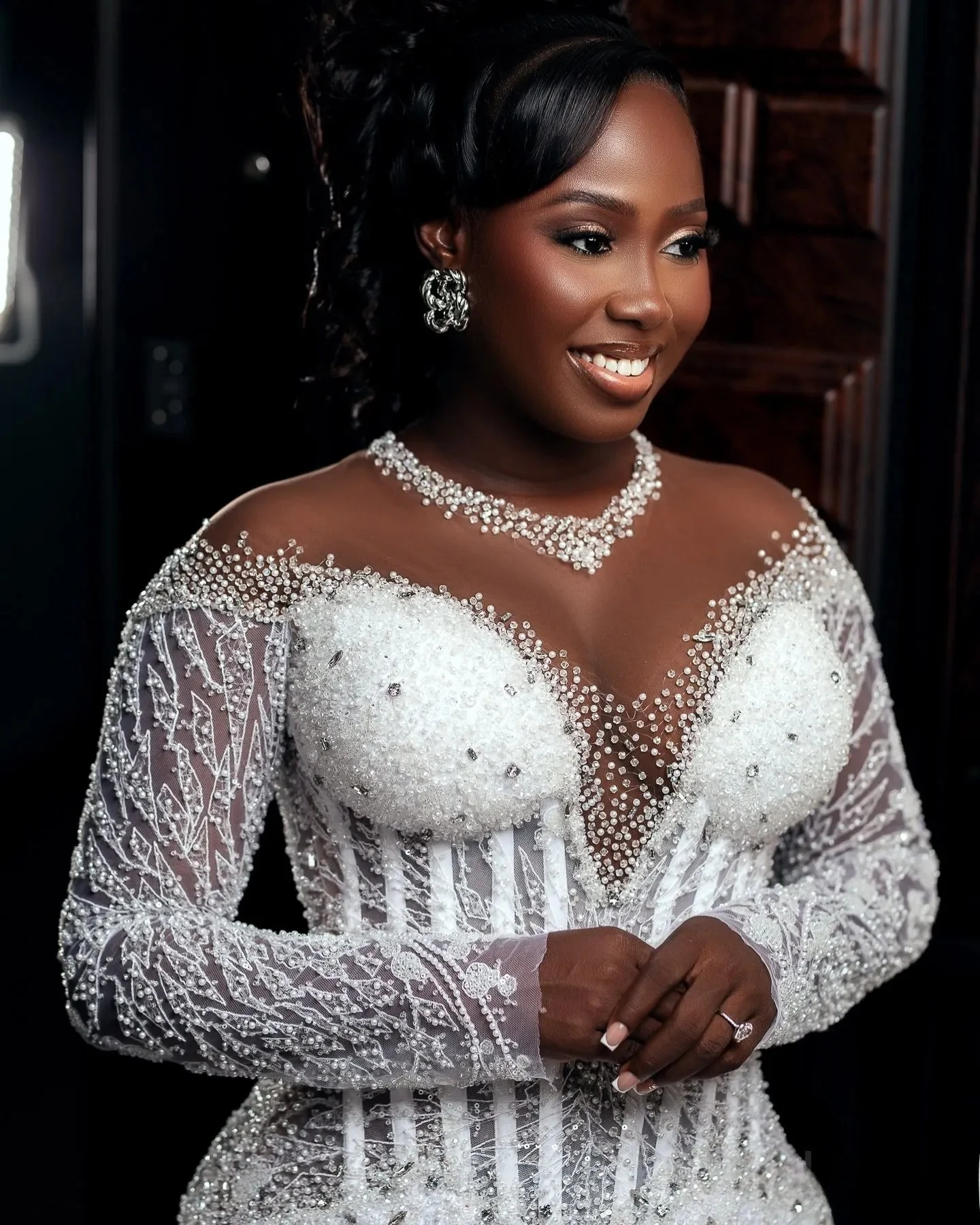 تخصيص زائد الحجم الأبيض حورية البحر فساتين الزفاف كامل الأكمام مطرزة الدانتيل الراين خمر فساتين الزفاف الأنيقة اللباس #5