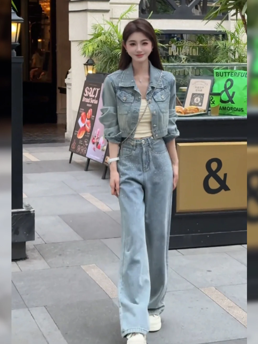 

Korean Style Heavy Duty Rhinestone Denim Jacket Wide Leg Pants Women's Fashion Set Autumn Winter Casual Match All