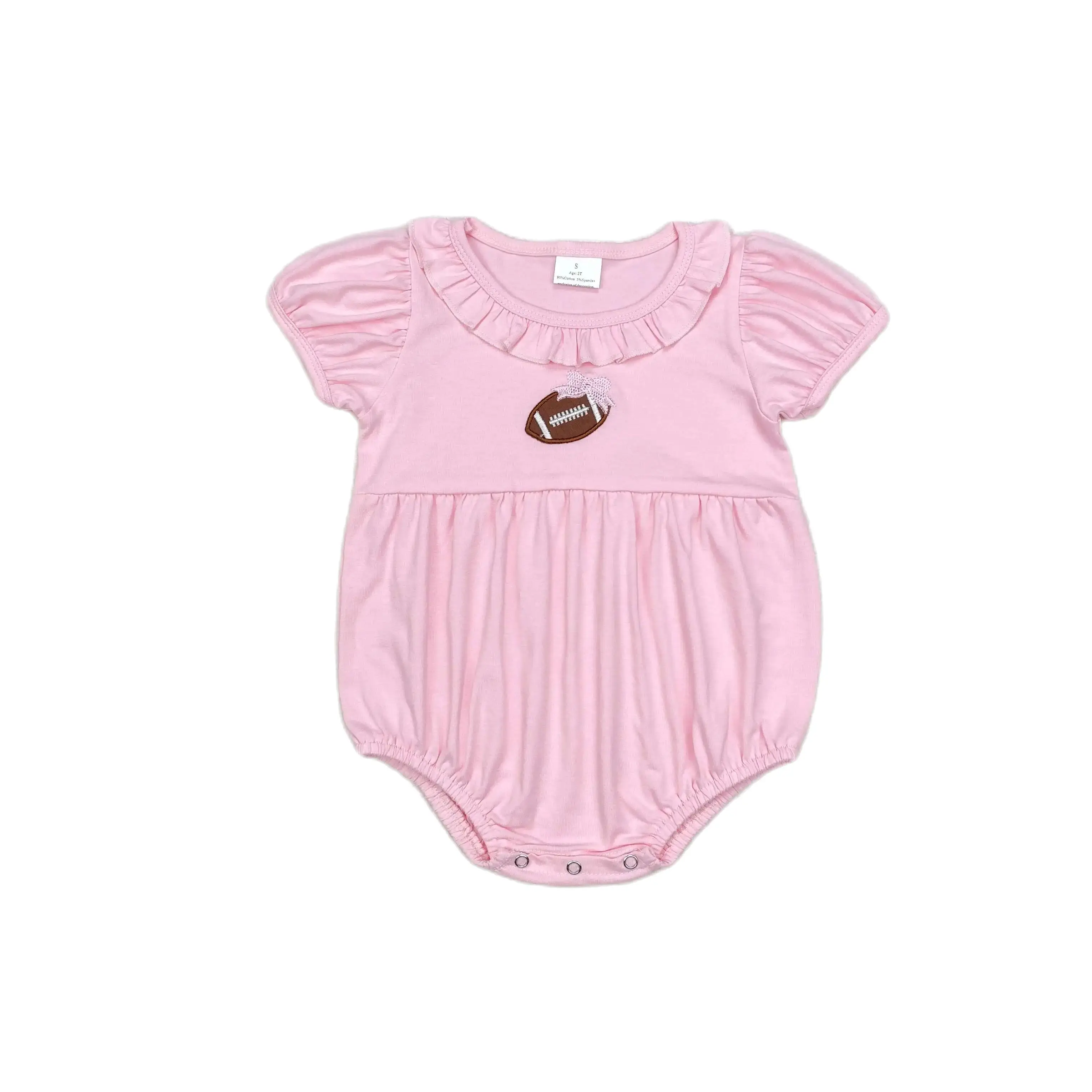 SR1945  Fashionable Baby Girl Clothes Short Sleeves Embroidered Pink Bow Rugby Print With Jumpsuit Children Clothes Rts No Moq