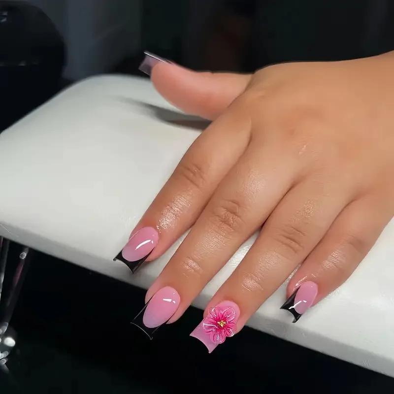 Faux ongles français à tête carrée mi-longue, 24 pièces, à pression sur un Design floral 3D, couverture complète, imprimé léopard, réutilisables