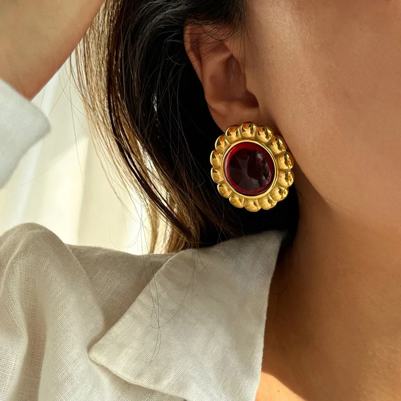 

Red black stone sunflower stud earrings for women stainless steel statement earrings vintage elegant jewelry new in 2025