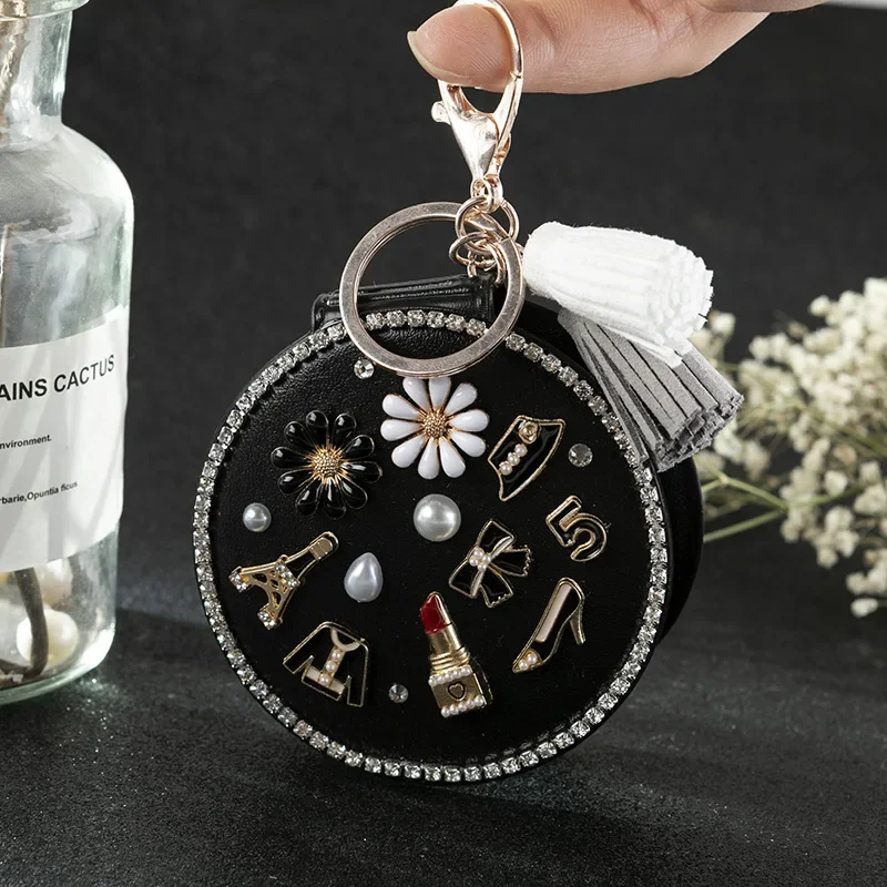 Small Round PU Leather Makeup Mirror Daisy Lipstick Fringed Body Makeup Mirror Keychain Bag Pendant for Birthday Party Gift