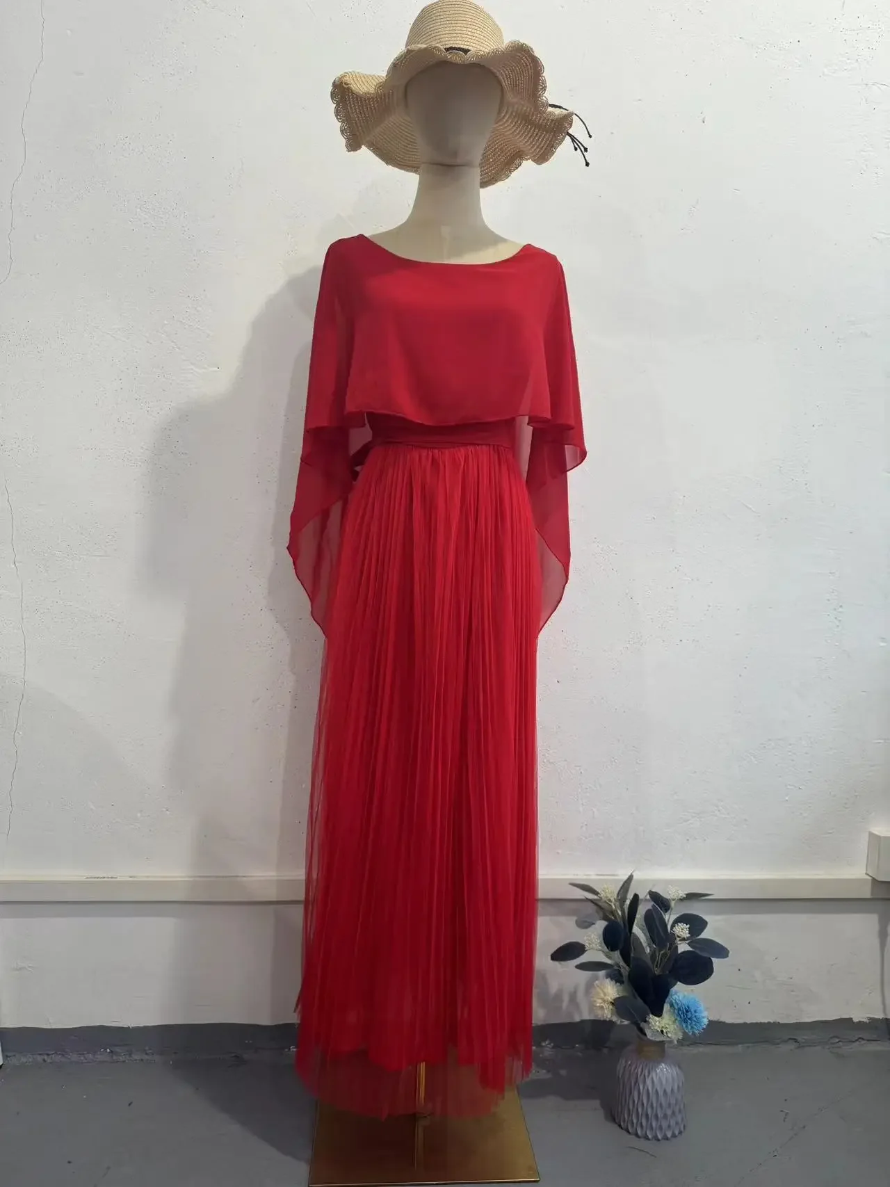 Women Elegant Crew Neck Irregular Shawl & Vest Pleated Dresses Autumn Solid Color Cloak 2 Piece Set Loose Evening Gown Vacation