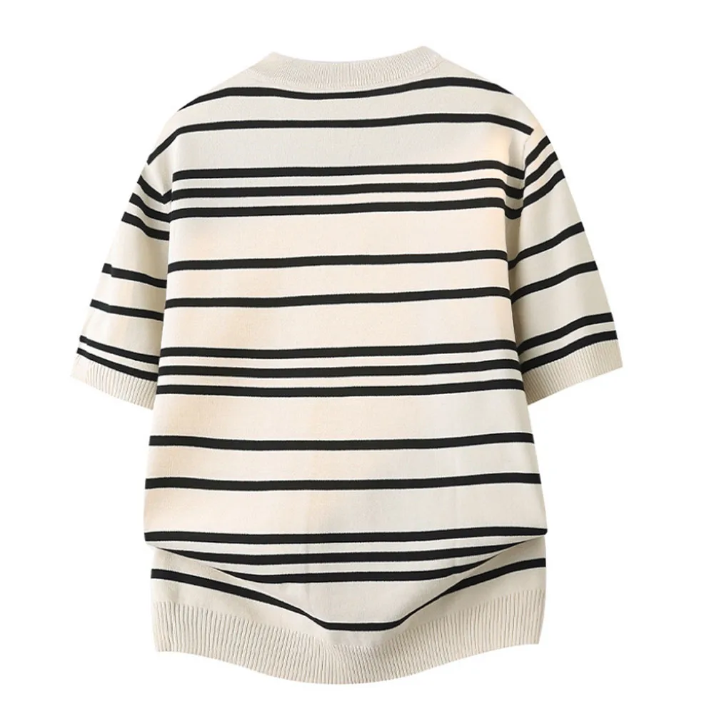 2026New Men's Short Sleeved Striped Knitted Contrasting Color Vintage Style Summer Fashionable And Comfortable Versatile T-shirt