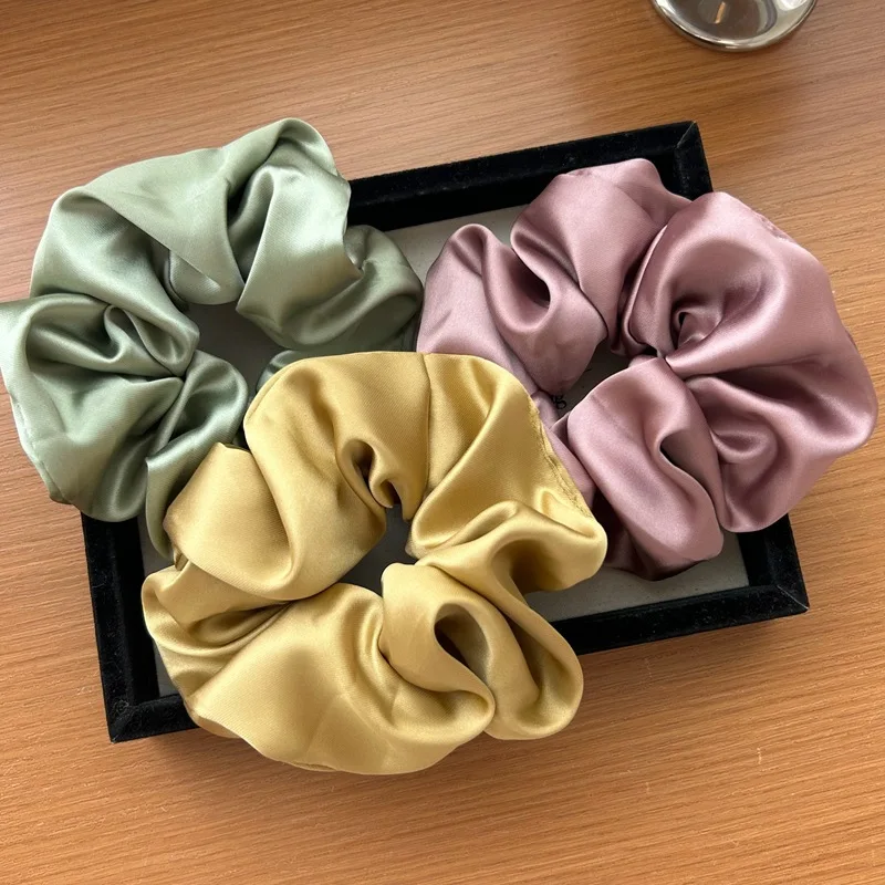 Korea Big Silk Scrunchies For Women Elastic Satin Hair Tie Girls black hair rope green hairbands chouchou soie hair accessories