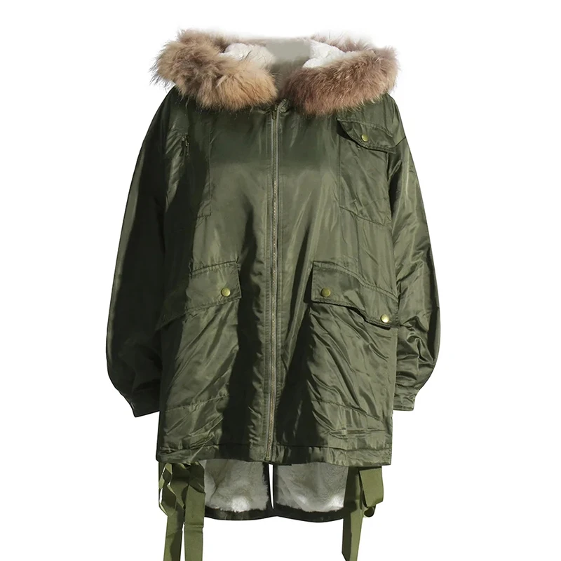 BPN Streetwear Armygreen Parkas For Women Hooded Long Sleeve Patchwork Pockets Casual Loose Winter Coats Female Fashion Clothing