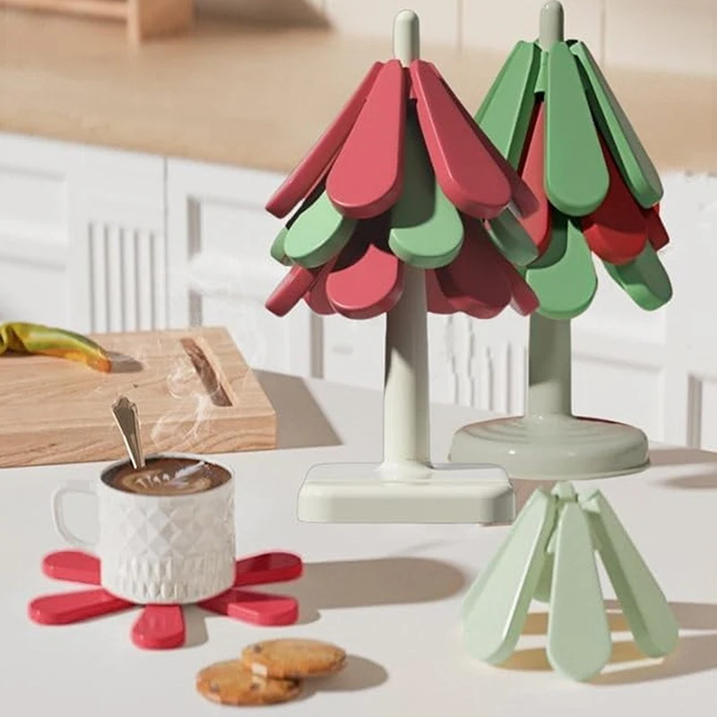 Christmas Tree Silicone Mat Dishes Insulation Pad Tree Shape Trivet Set Coaster For Teapot Hot Pots Halloween Placemats Table